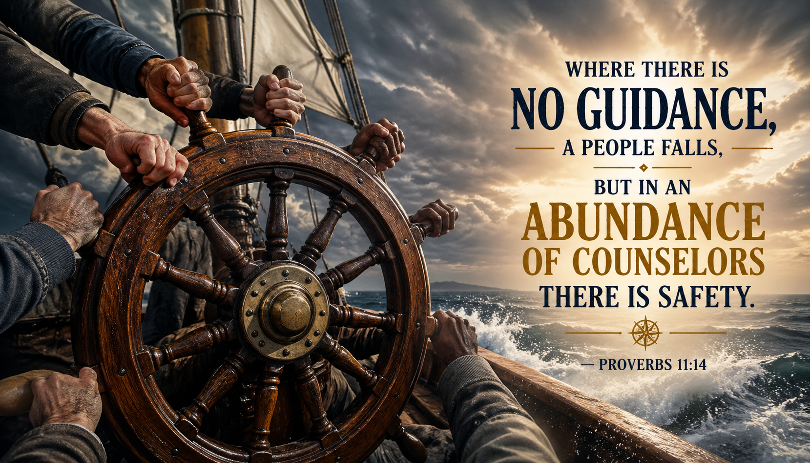 Ship helm with multiple hands steering together — Where there is no guidance a people falls Bible verse wallpaper